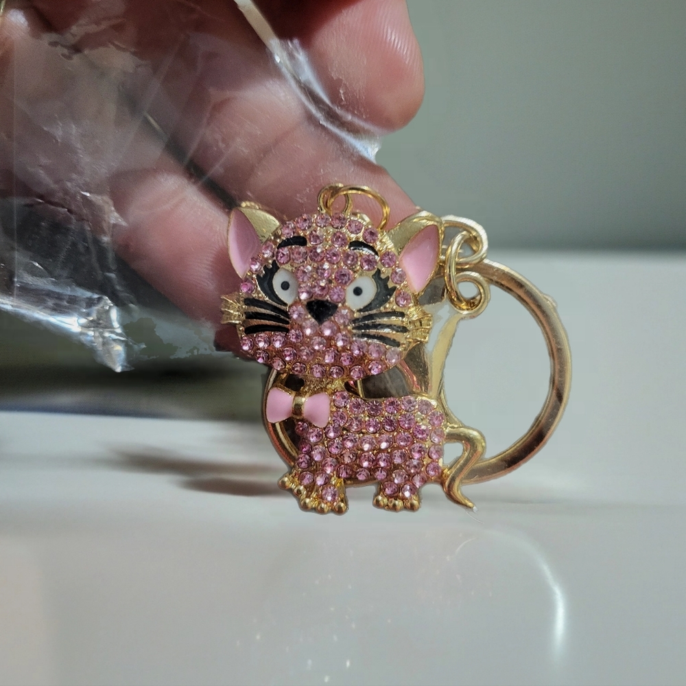 Pink Rhinestone Cat Keychain